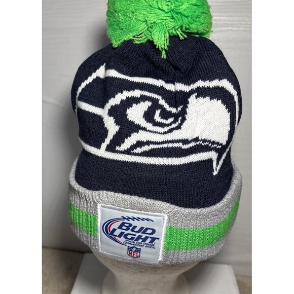 Seattle Seahawks Bud Light Knit Beanie Hat W/ Pom Navy Gray Green NFL Licensed - Picture 3 of 7